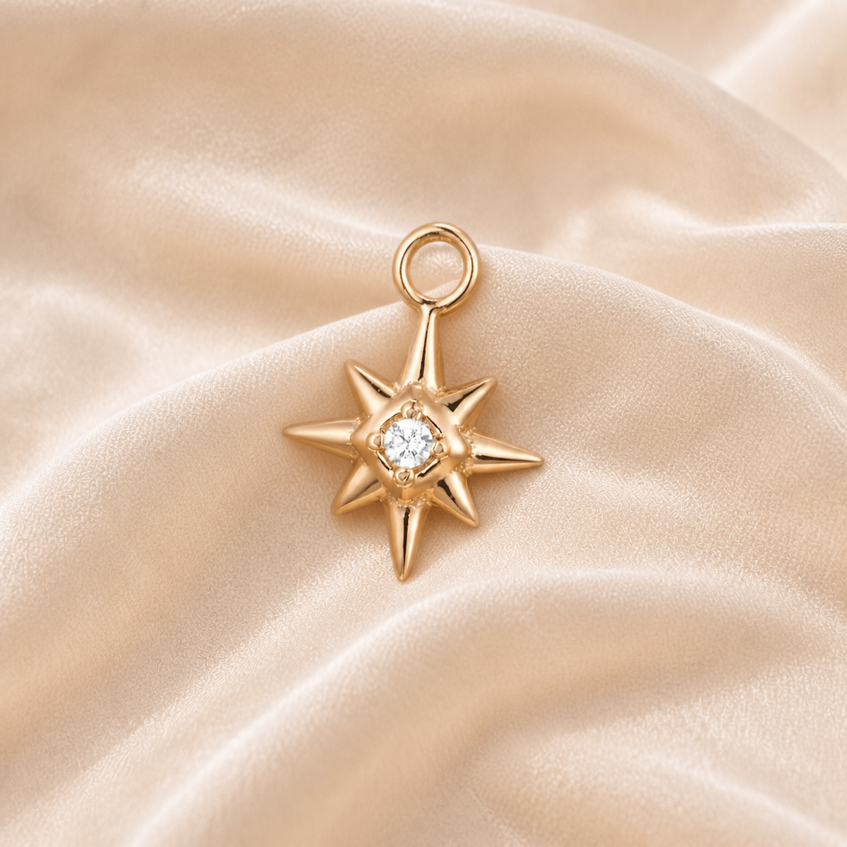 Eight-Point Light Charm styled on Moonveil warm cream silk