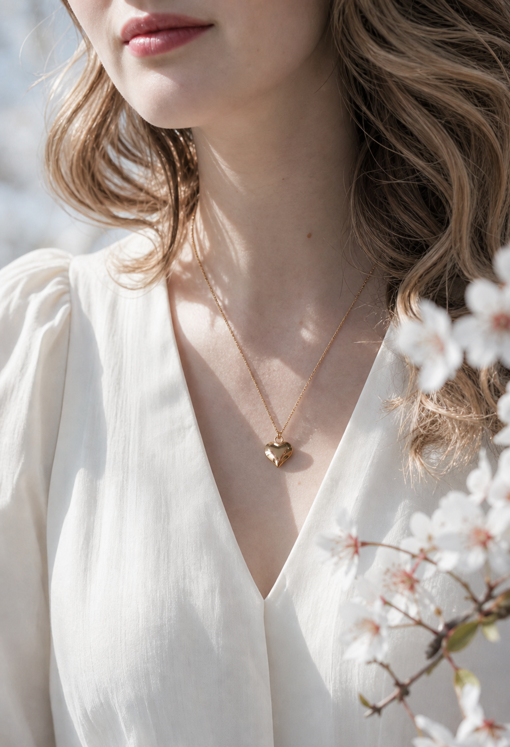 A second photographic styling view of Folded Promise Heart Necklace