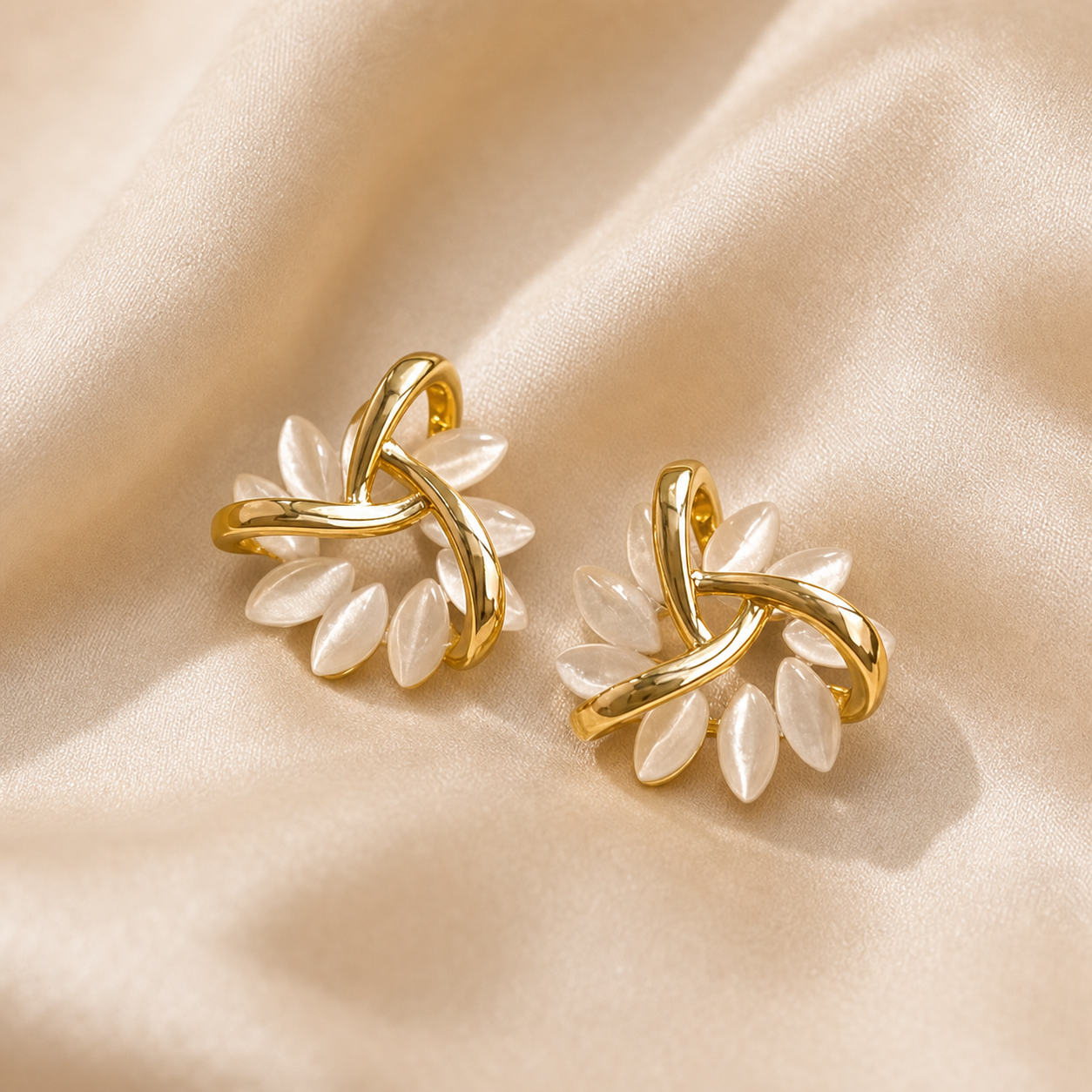 Ginkgo Cluster Stud Earrings styled on Moonveil warm cream silk