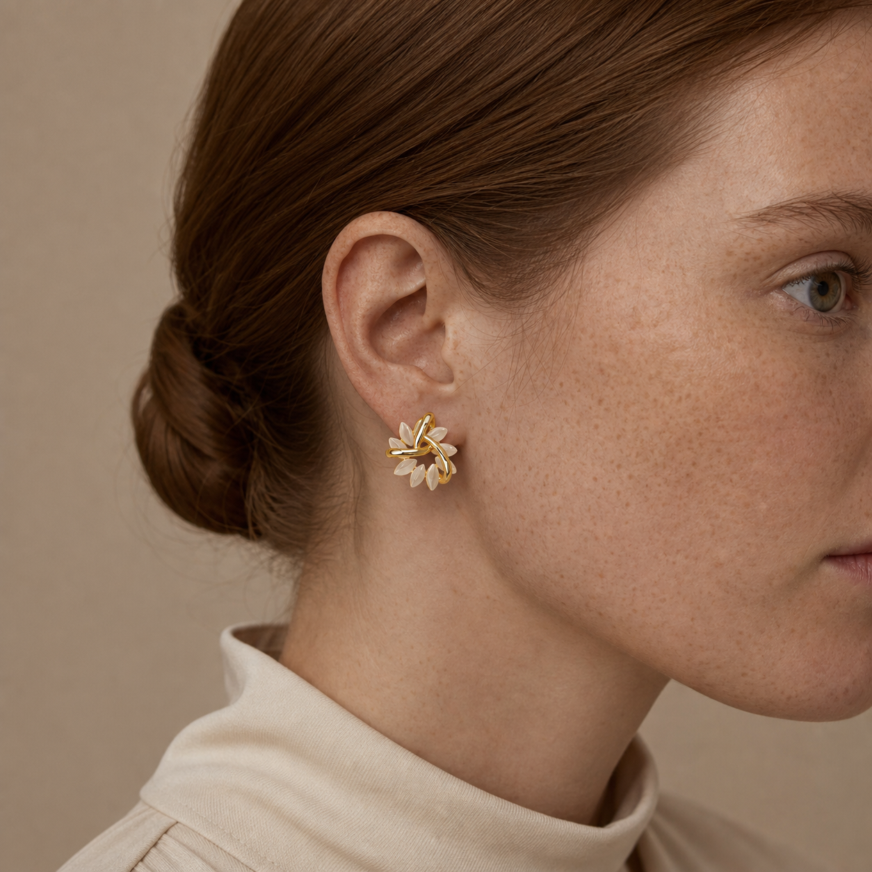 Ginkgo Cluster Stud Earrings worn in a natural editorial portrait
