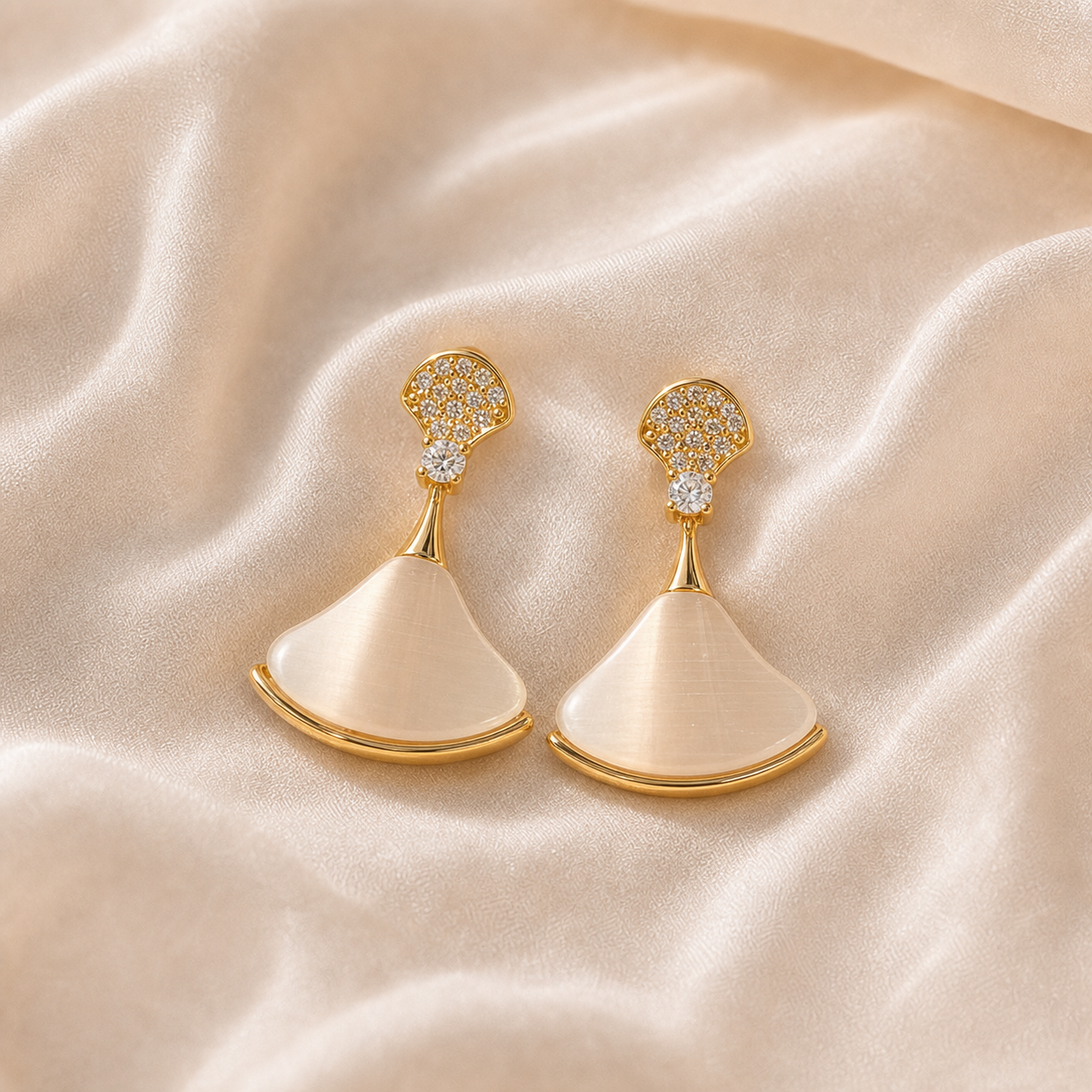 Ginkgo Veil Drop Earrings styled on Moonveil warm cream silk