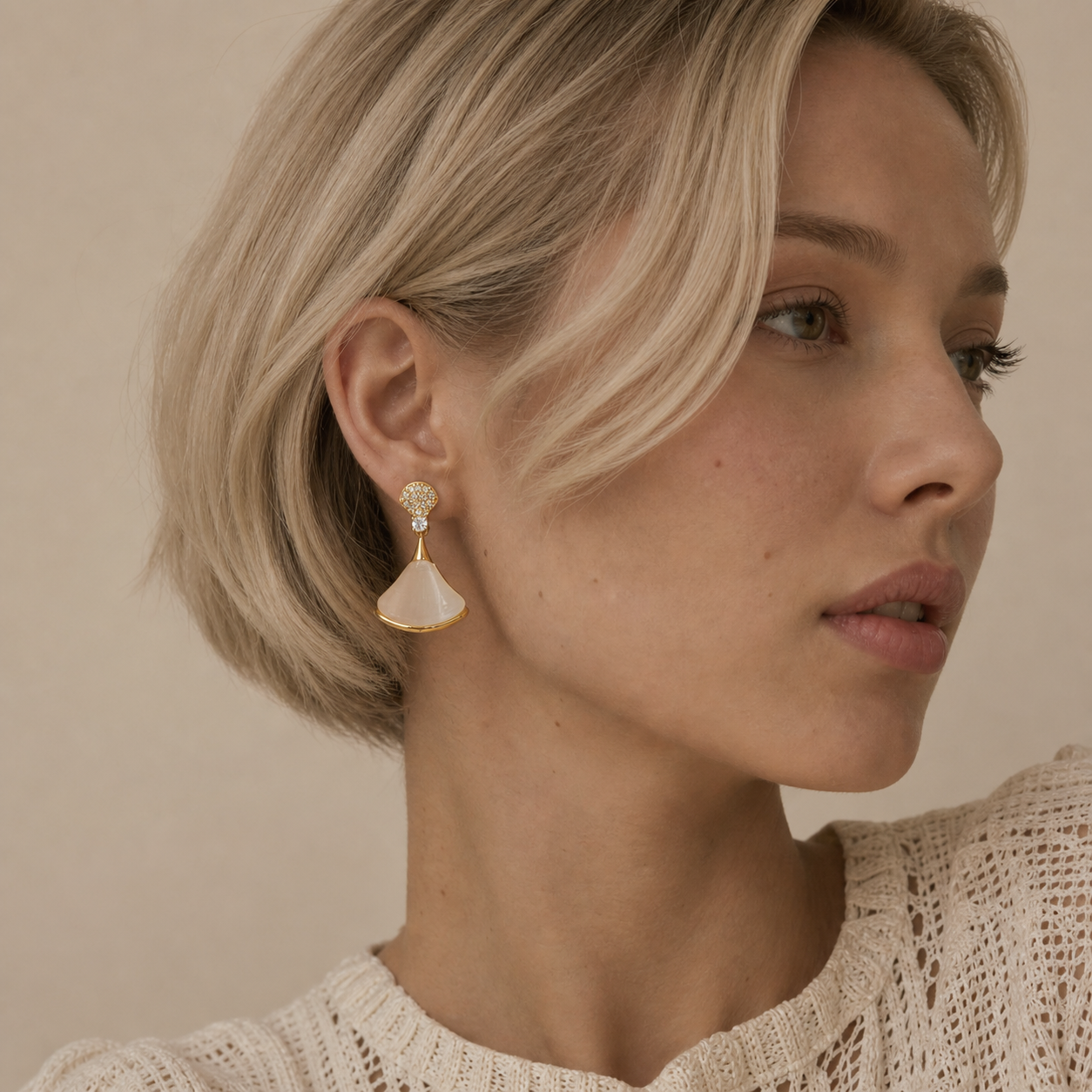 Ginkgo Veil Drop Earrings worn in a natural editorial portrait