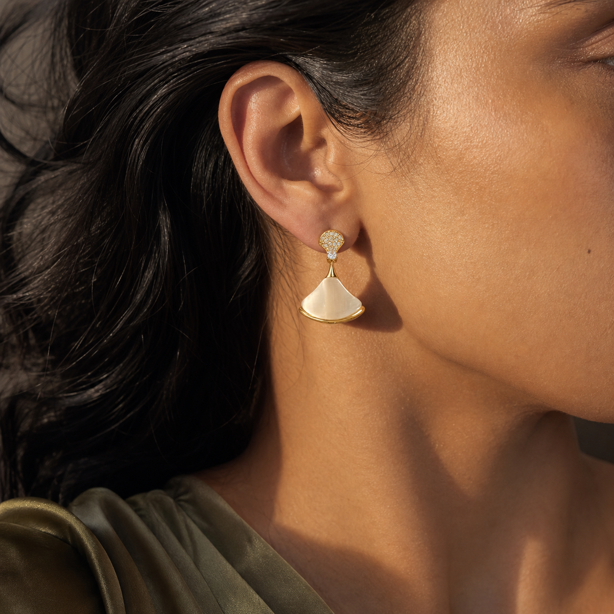 A second photographic styling view of Ginkgo Veil Drop Earrings