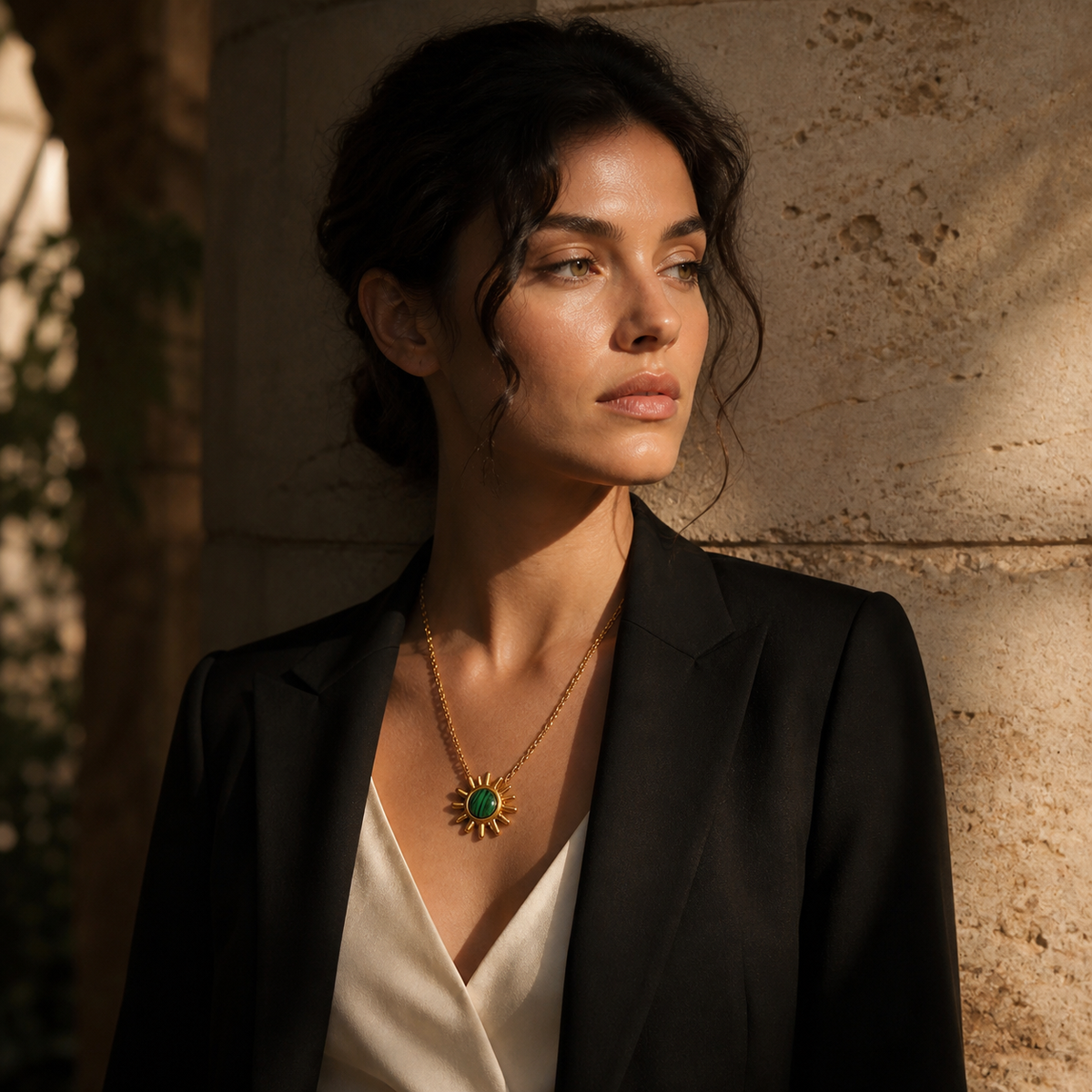 A second photographic styling view of Green Sunpoint Necklace