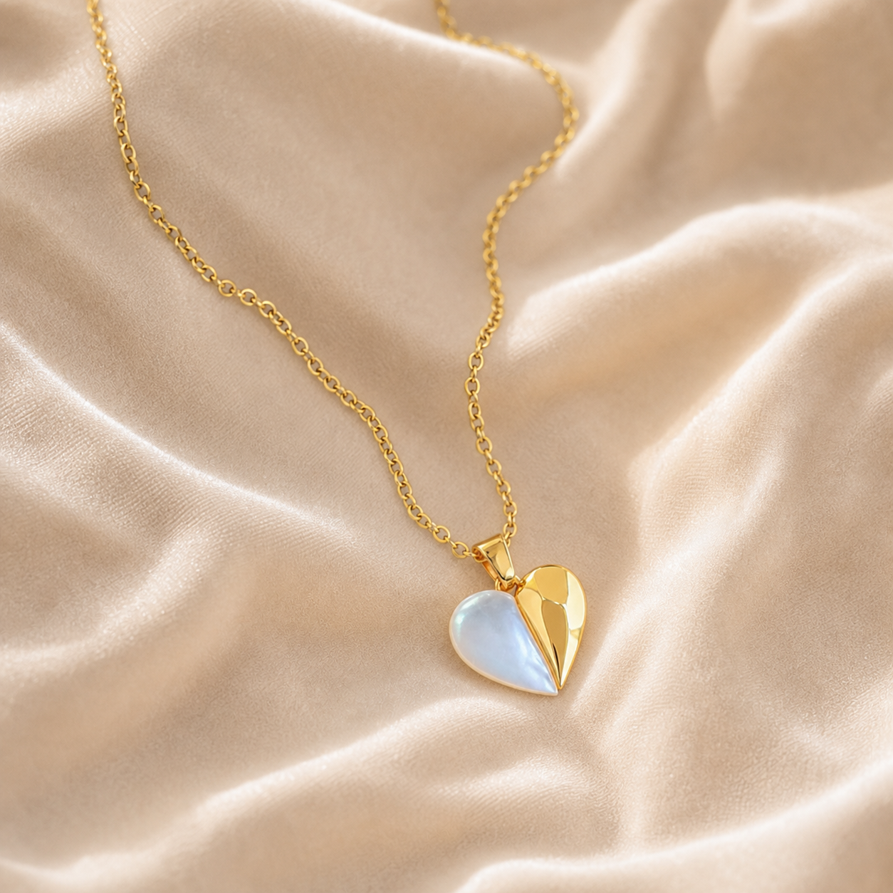 Heartfold Shell Pendant Necklace styled on Moonveil warm cream silk