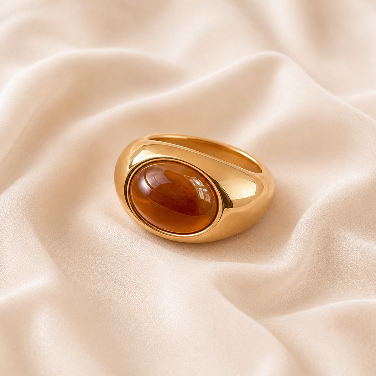 Honeyed Eye Dome Ring styled on Moonveil warm cream silk