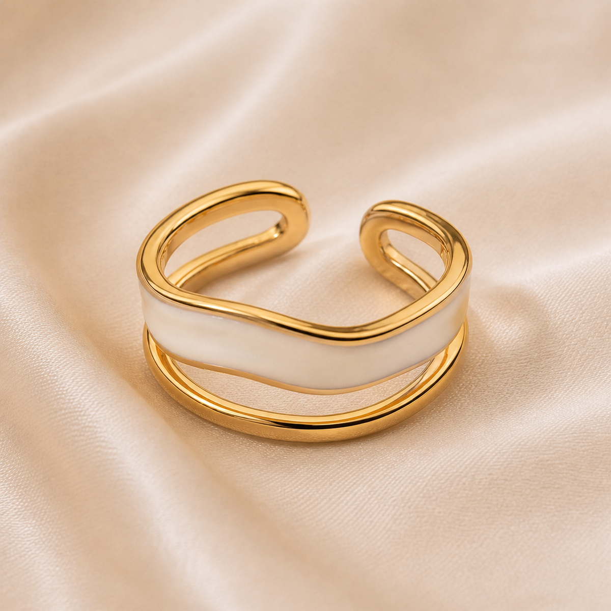 Ivory Loop Open Ring styled on Moonveil warm cream silk