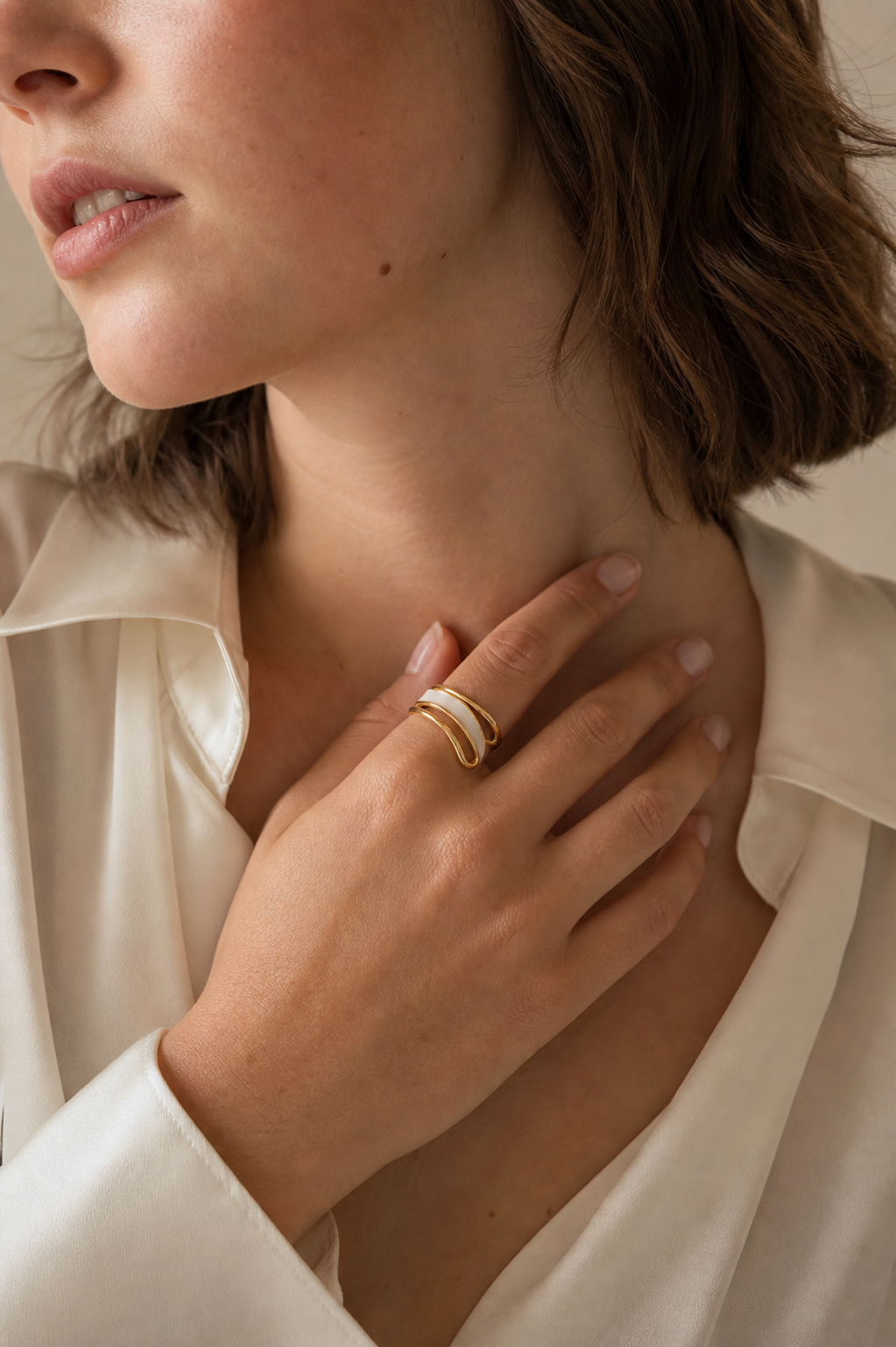 Ivory Loop Open Ring worn in a natural editorial portrait