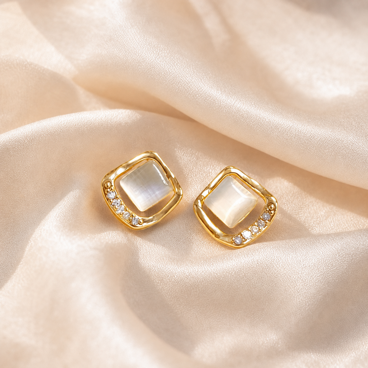 Lattice Window Stud Earrings styled on Moonveil warm cream silk