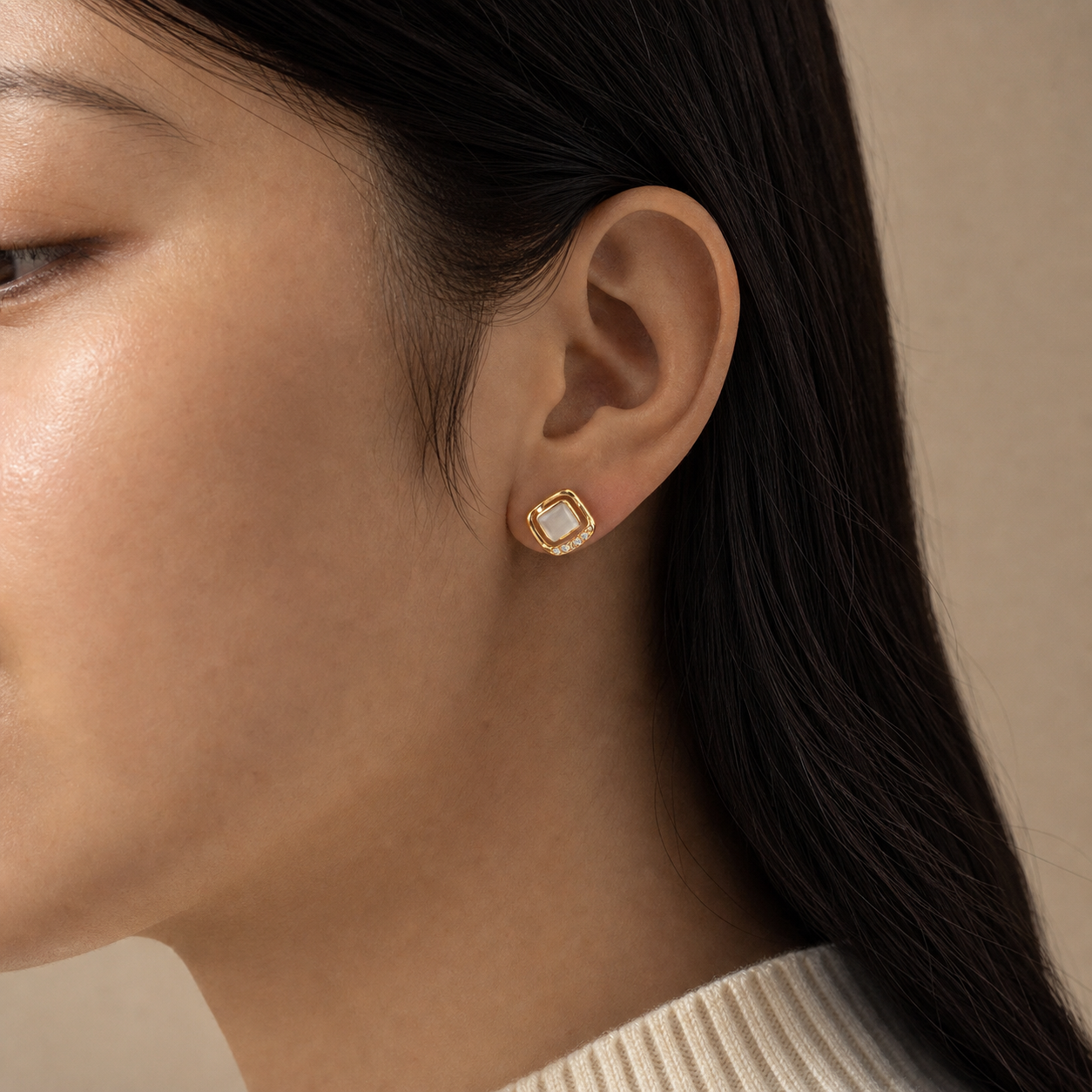 Lattice Window Stud Earrings worn in a natural editorial portrait