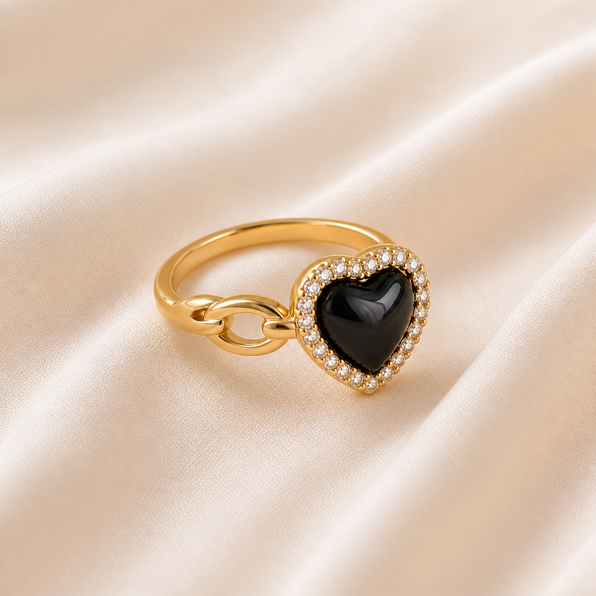 Midnight Heart Open Ring styled on Moonveil warm cream silk