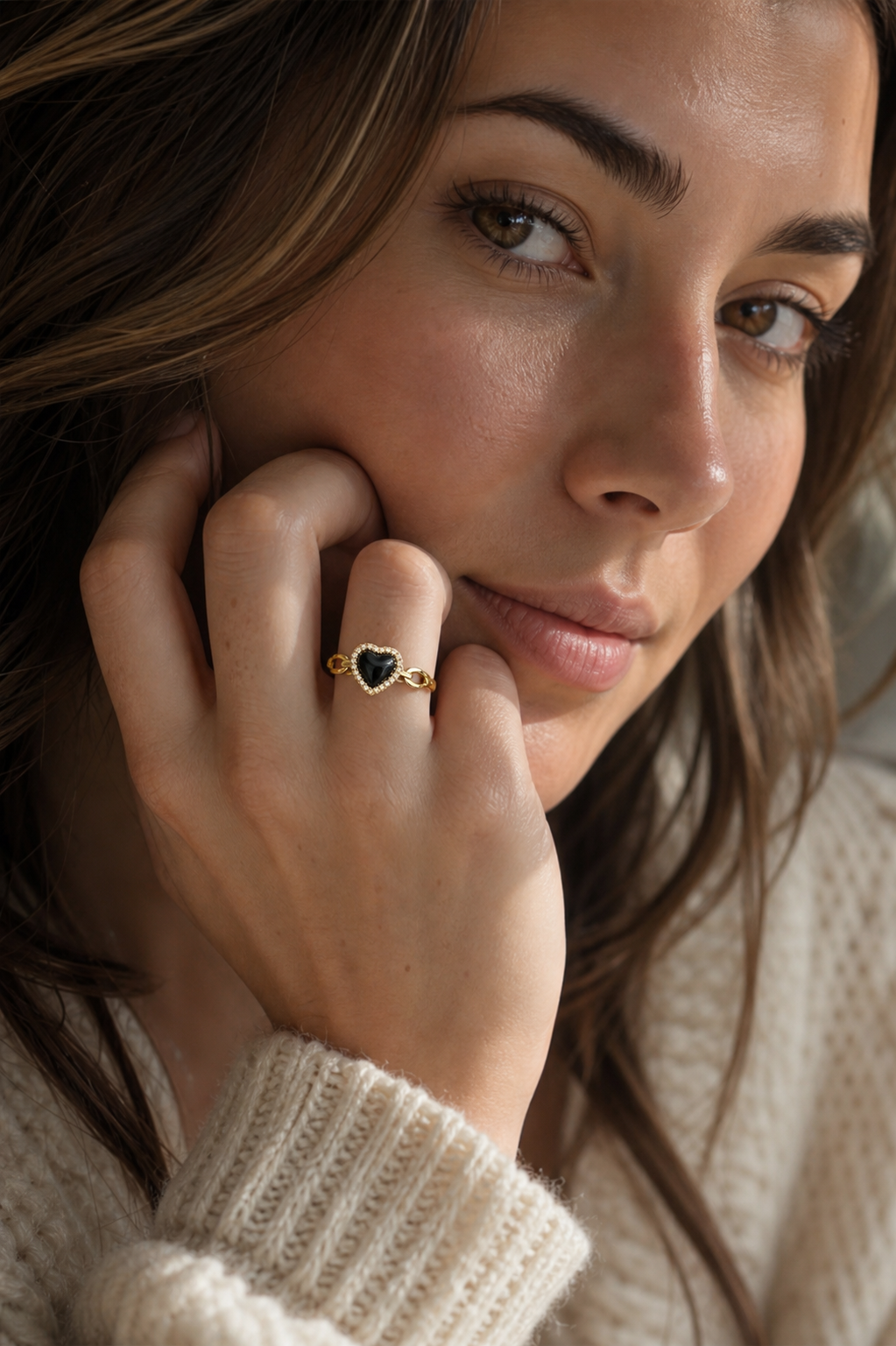 Midnight Heart Open Ring worn in a natural editorial portrait