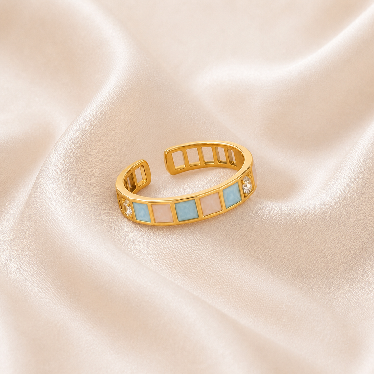 Mosaic Tide Open Ring styled on Moonveil warm cream silk