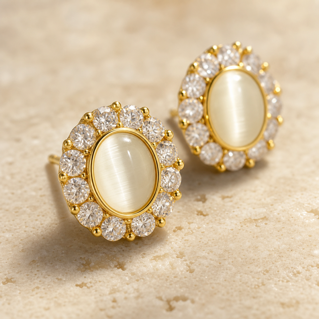 Close-up of the confirmed structure and finish of Pale Gaze Halo Stud Earrings