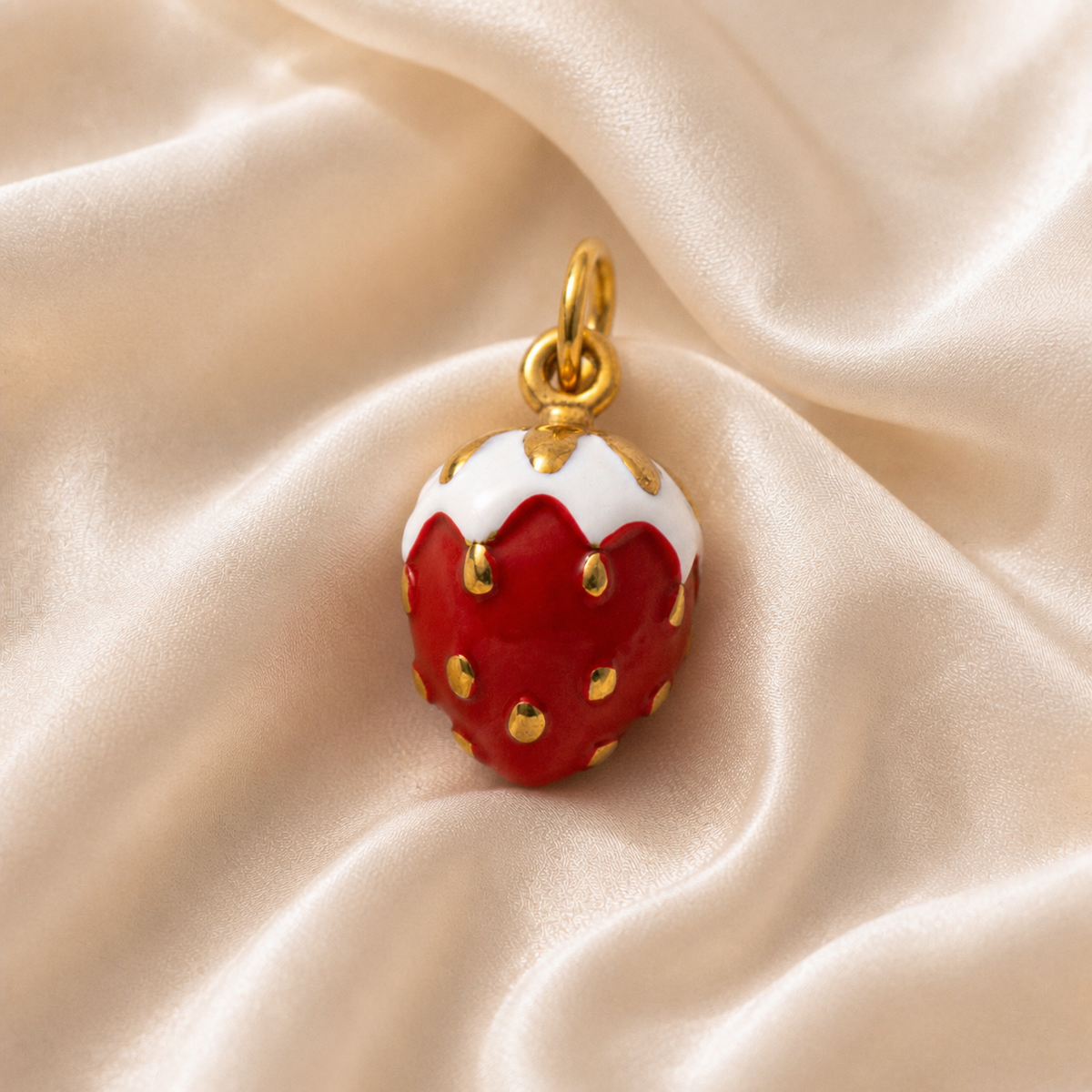 Patisserie Strawberry Charm styled on Moonveil warm cream silk