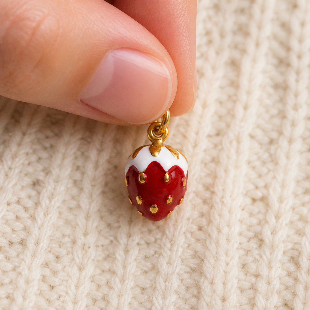 Patisserie Strawberry Charm worn in a natural editorial portrait