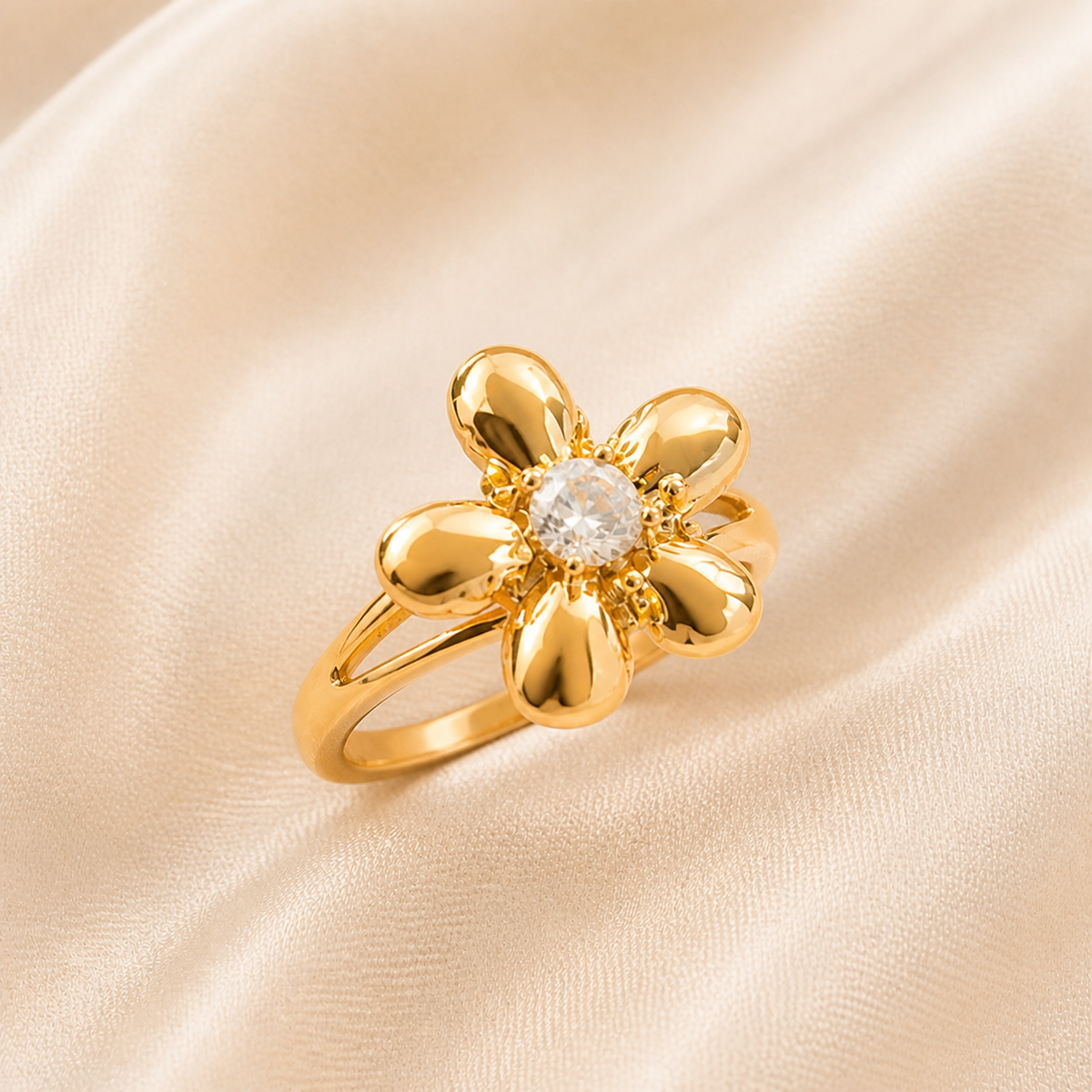 Petal Light Ring styled on Moonveil warm cream silk