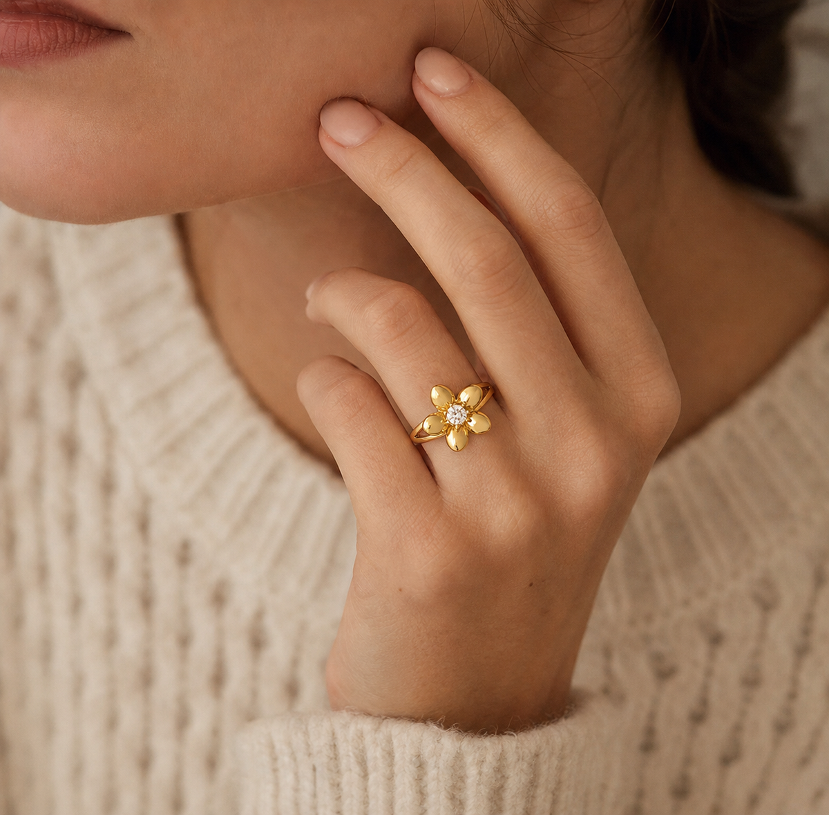Petal Light Ring worn in a natural editorial portrait