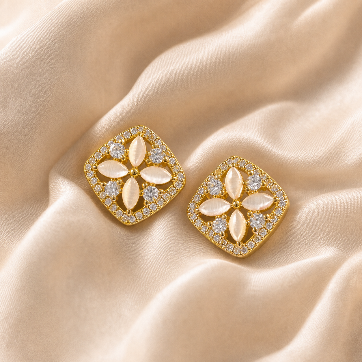 Petaled Window Stud Earrings styled on Moonveil warm cream silk