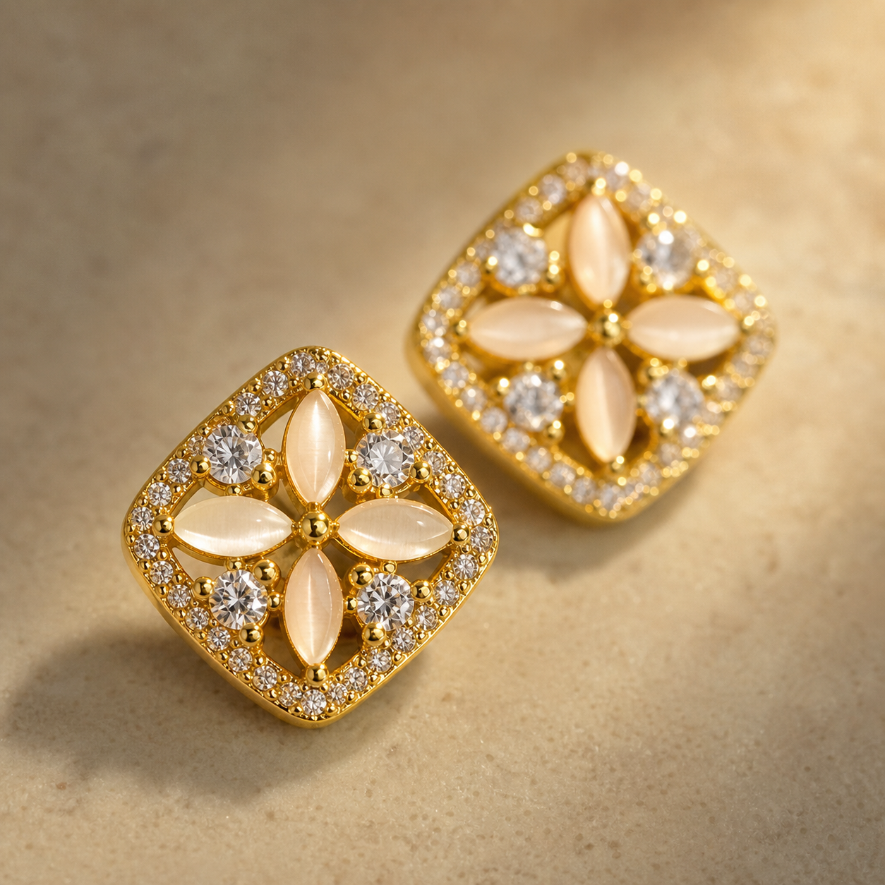 Close-up of the confirmed structure and finish of Petaled Window Stud Earrings