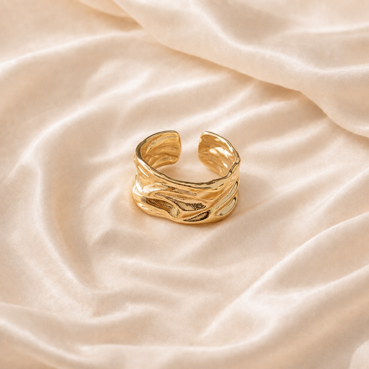 Riverfold Open Ring styled on Moonveil warm cream silk