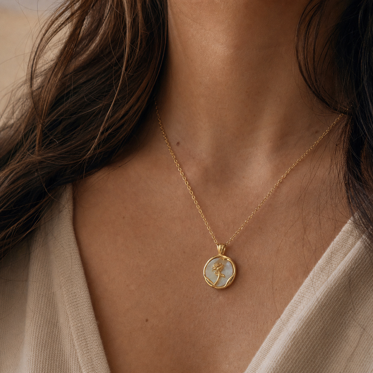 Rose Seal Shell Pendant Necklace worn in a natural editorial portrait
