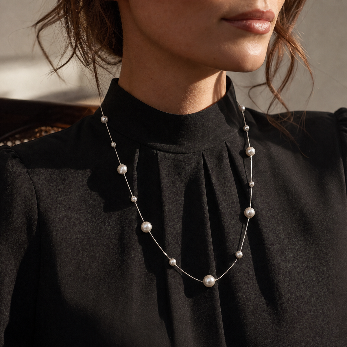 A second photographic styling view of Scattered Pearl-Line Necklace