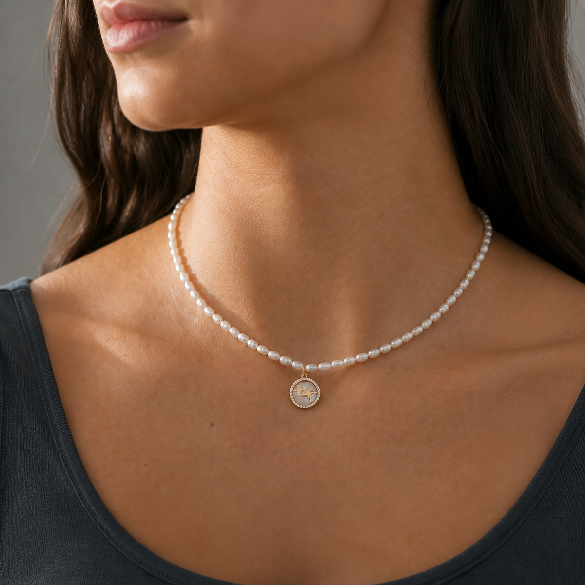 A second photographic styling view of Starward Strand Necklace