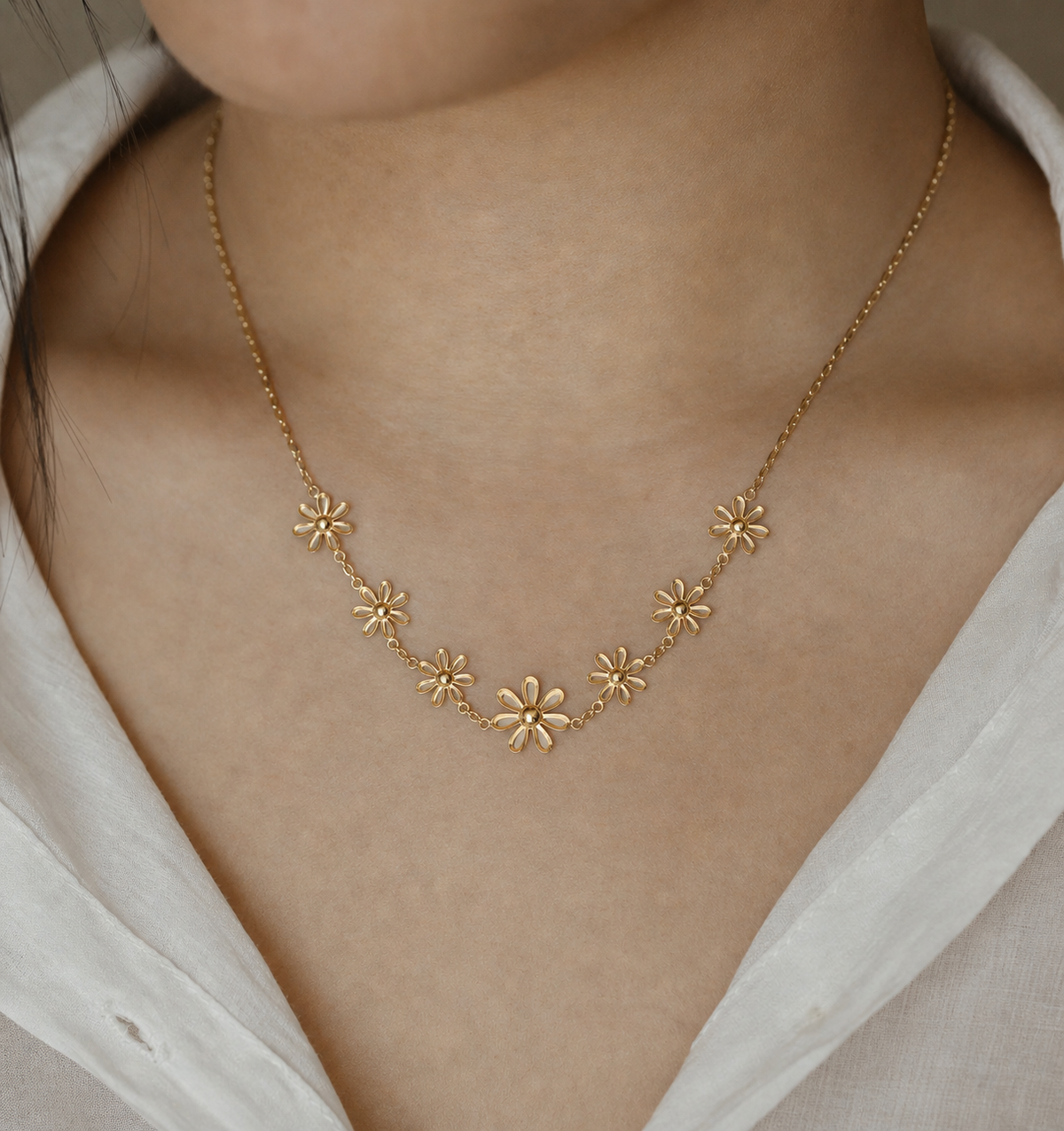 Sunlit Garland Necklace worn in a natural editorial portrait