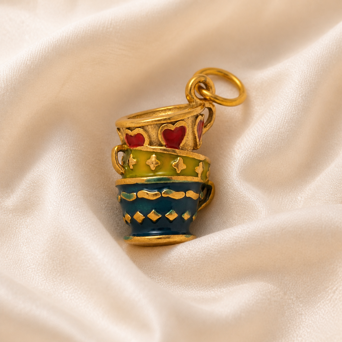 The Enamel Teacup Pendant styled on Moonveil warm cream silk