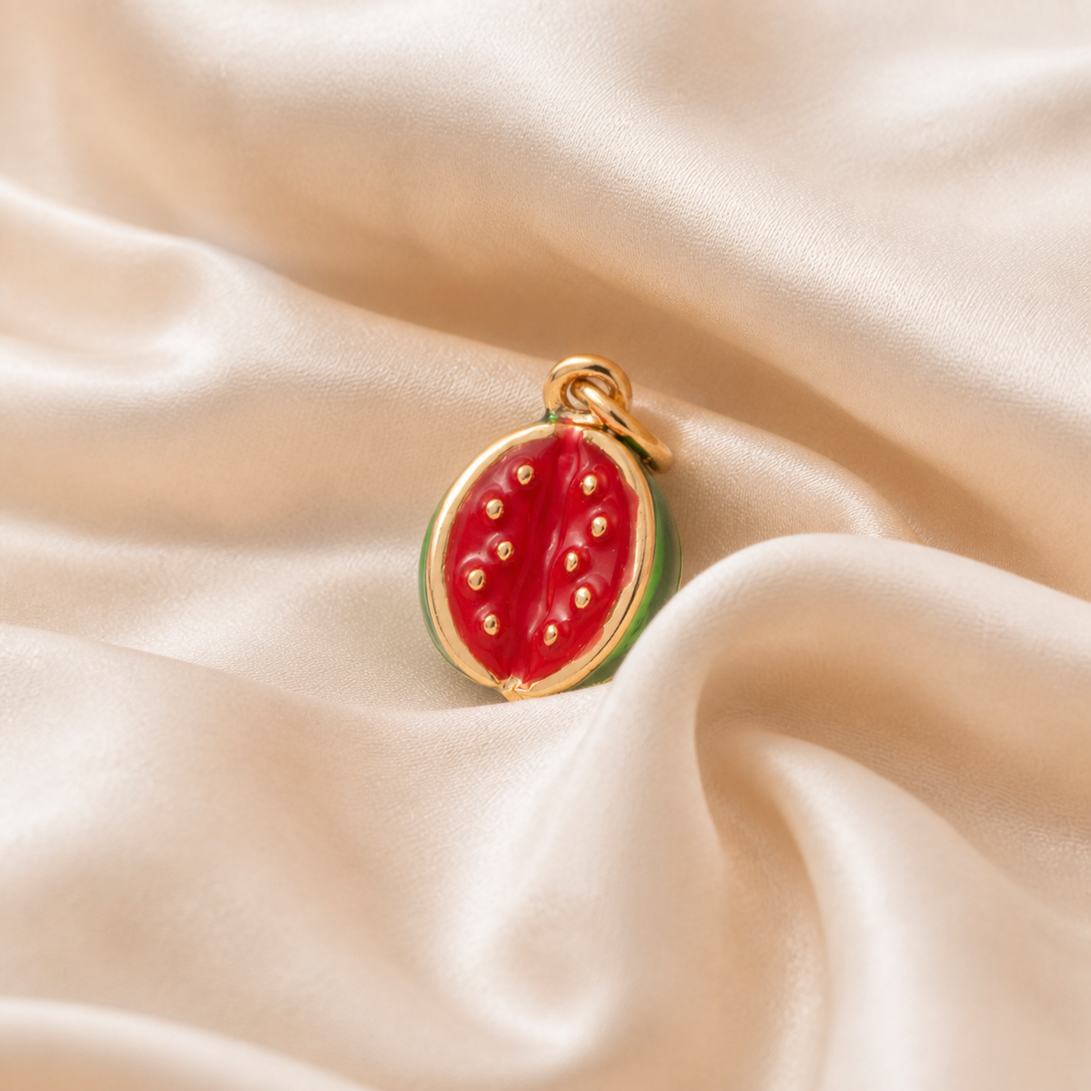The watermelon styled on Moonveil warm cream silk
