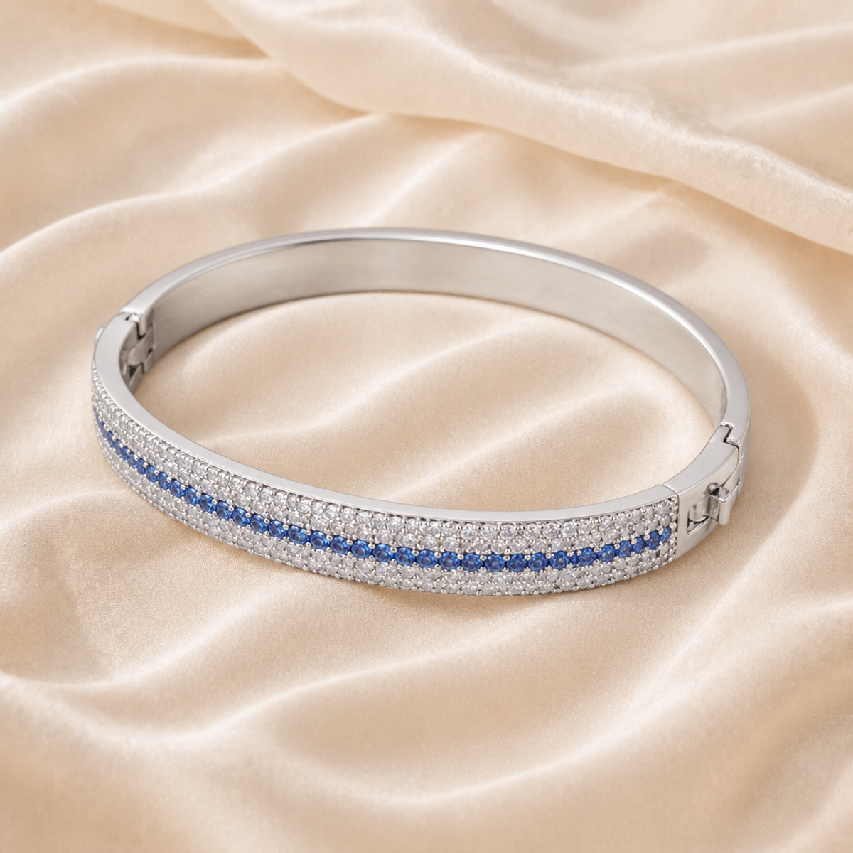 Tidal Arc Pavé Bracelet styled on Moonveil warm cream silk