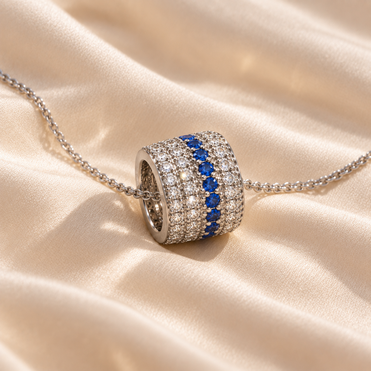Tidal Arc Pavé Necklace styled on Moonveil warm cream silk