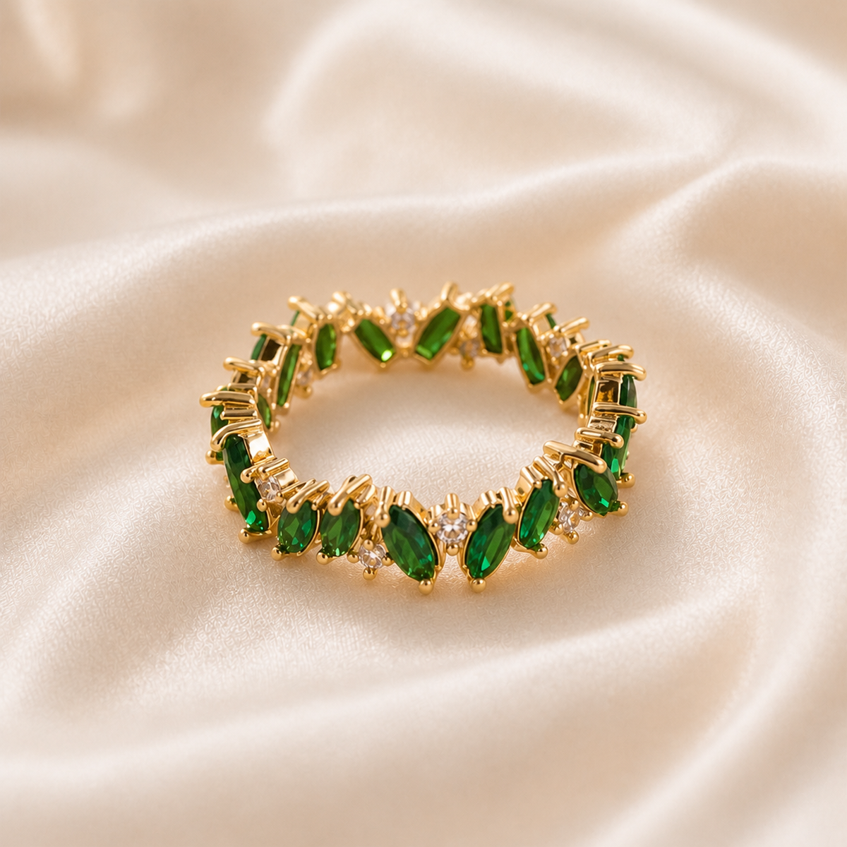 Verdant Crown Ring styled on Moonveil warm cream silk