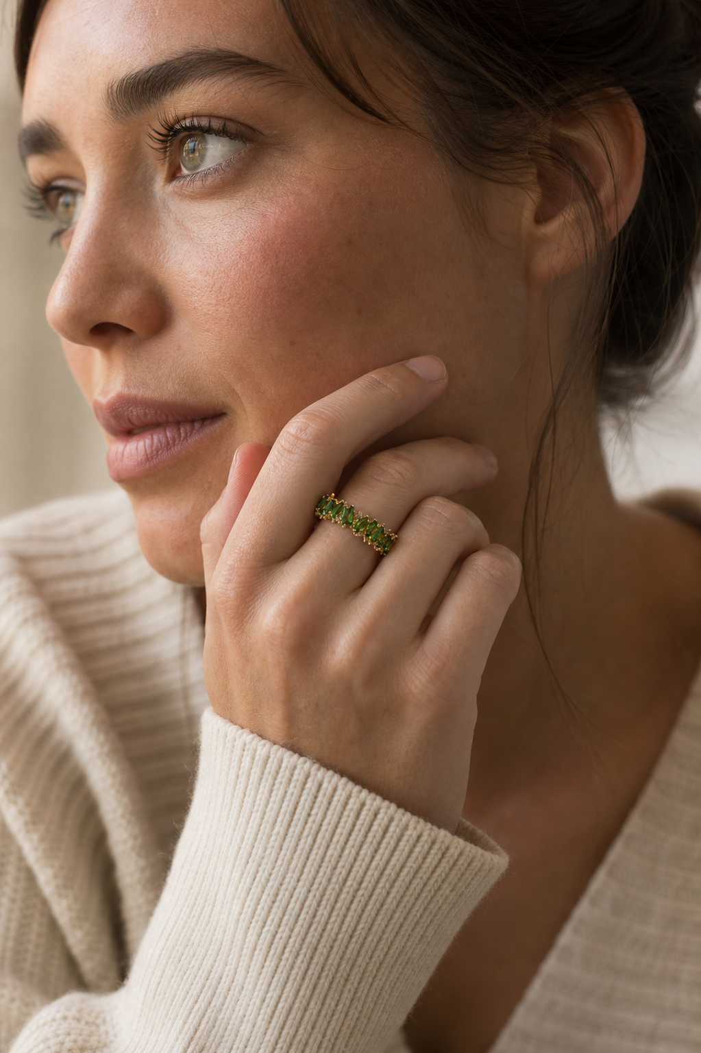 Verdant Crown Ring worn in a natural editorial portrait