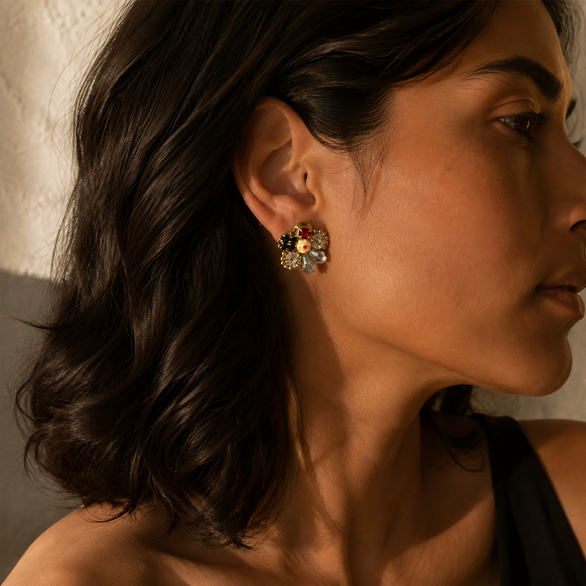 Coronet Blossom Earrings in a side-profile editorial view with colored detailing