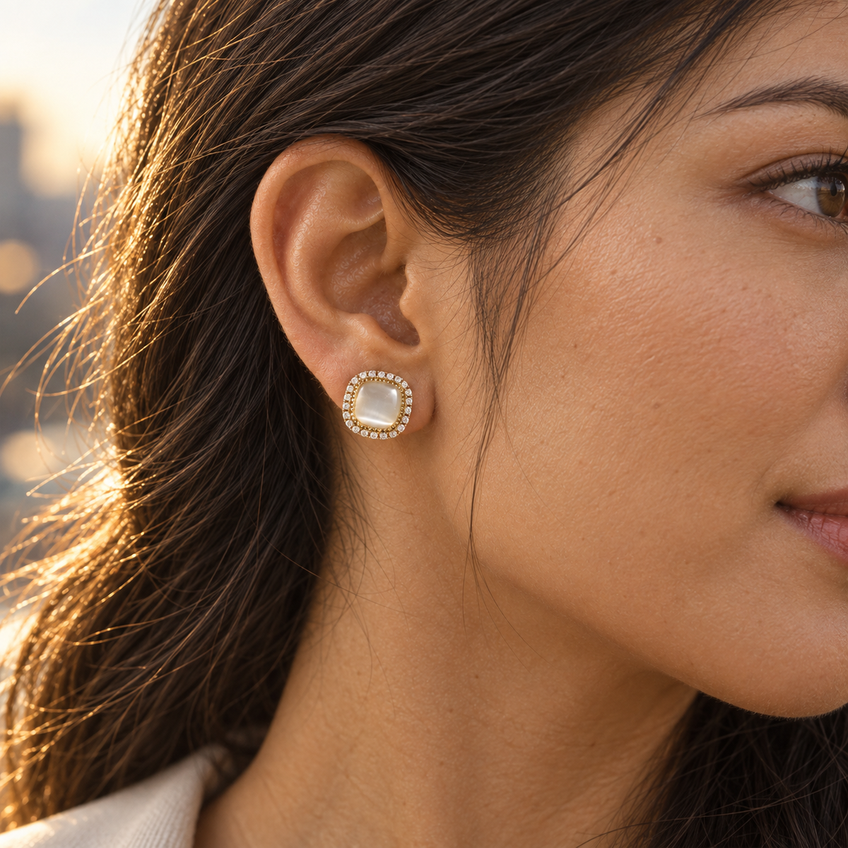 Side-profile editorial view wearing the Soft Geometry Stud Earrings